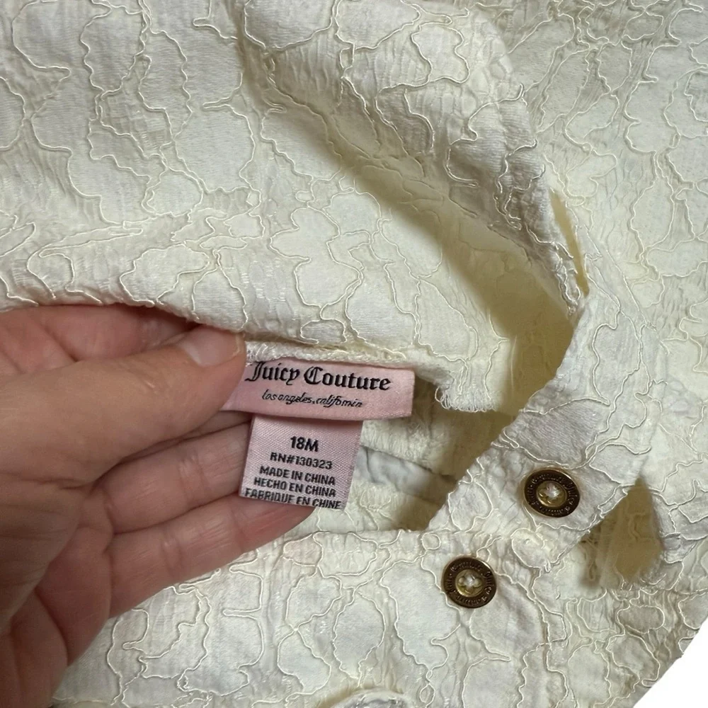 Juicy Couture Baby Girl White Textured Romper Overalls Gold Logo Snap Size 18M
